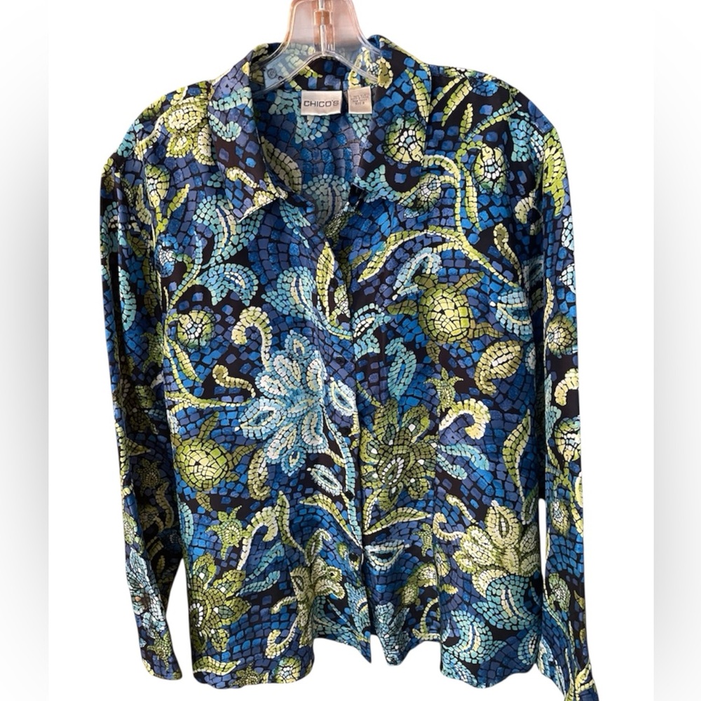 Women’s Chico's Blue, Green & Black Floral Silk Long Sleeve Shirt Size 3  Large